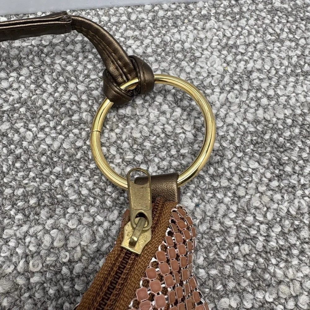 Brown Castle Core Chain Mesh Handbag Purse Zipper Top Hoop Handle Holder Cool H3